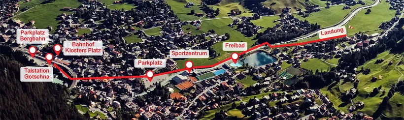 Site plan with meeting point, launch and landing area for the tandem paragliding flight in Klosters in summer