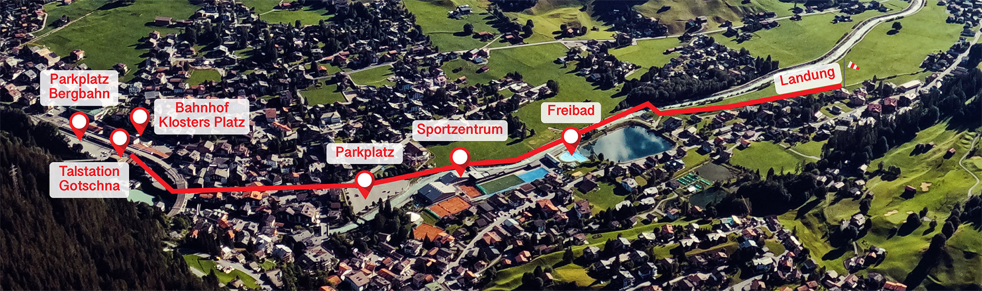 Situationsplan mit Treffpunkt, Start und Landeplatz für den Gleitschirm-Tandemflug in Klosters im Sommer