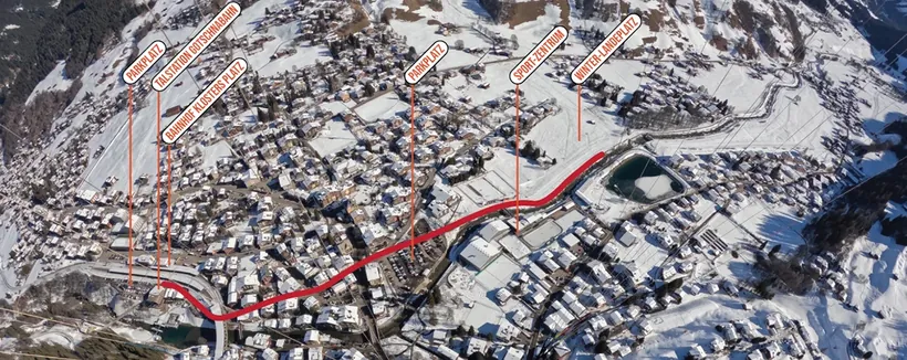 Site plan with meeting point, launch and landing area for the tandem paragliding flight in Klosters in winter