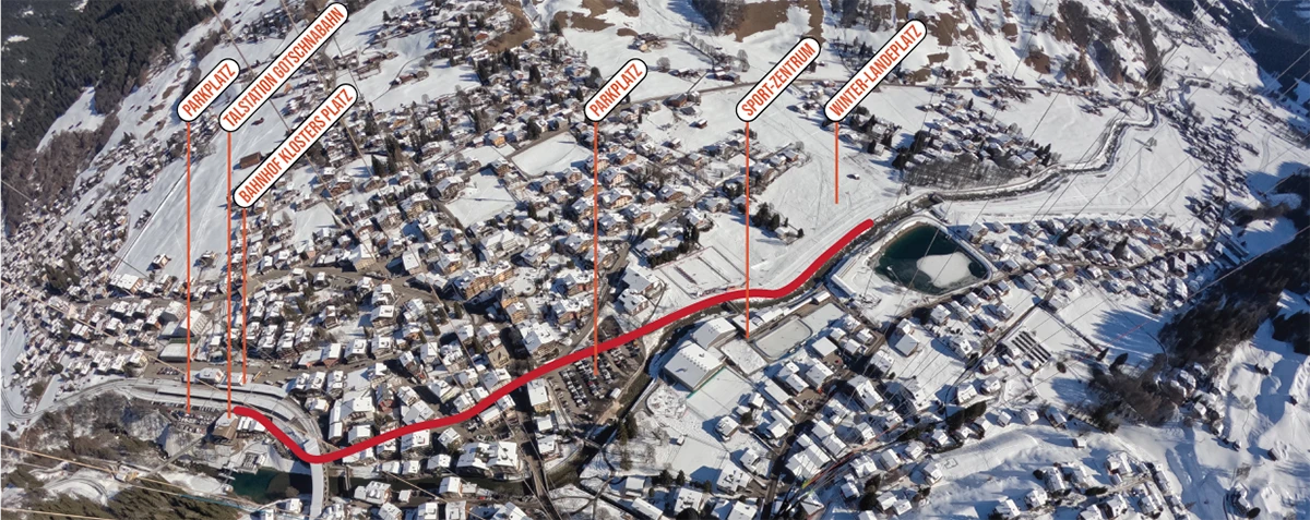 Situationsplan mit Treffpunkt, Start und Landeplatz für den Gleitschirm-Tandemflug in Klosters im Winter